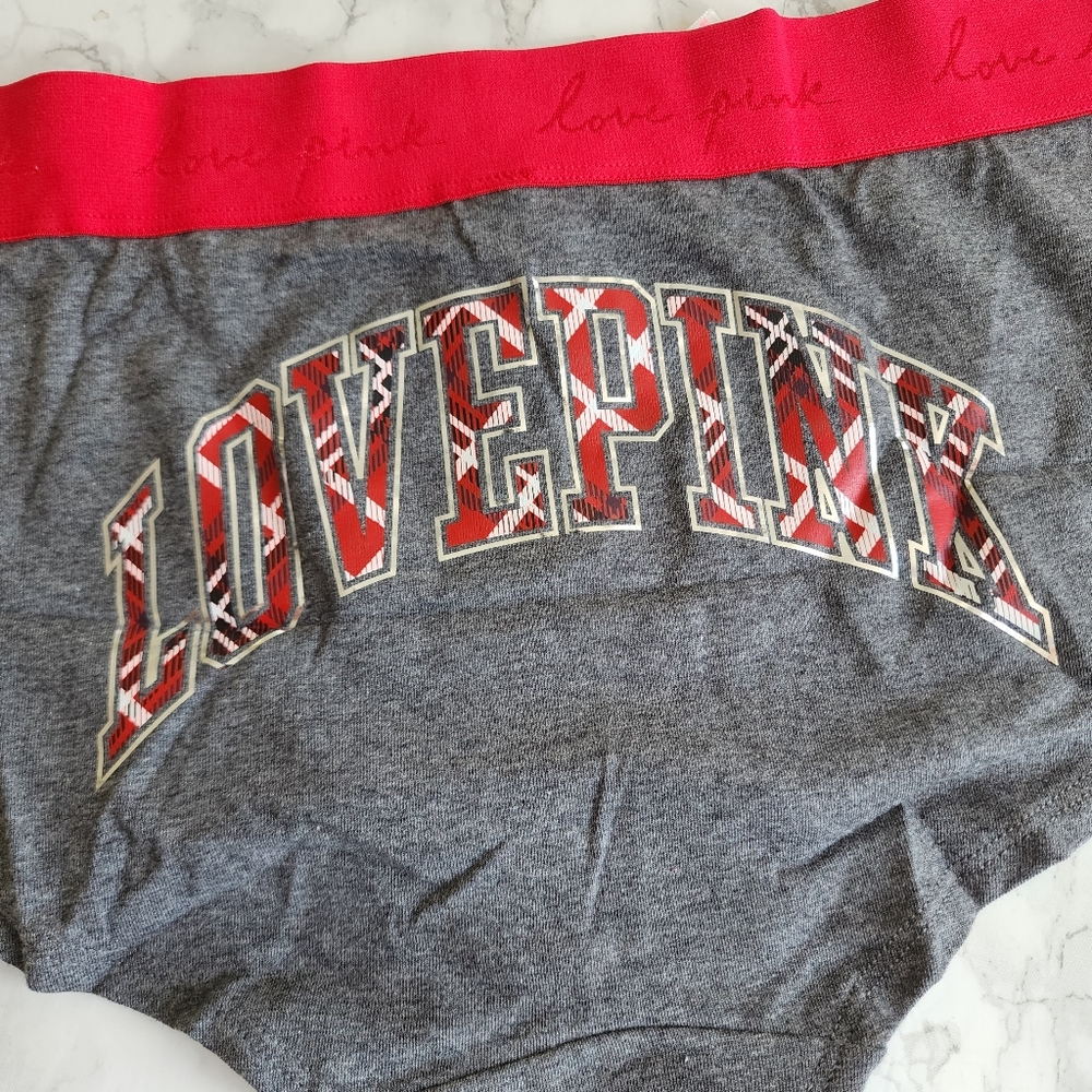 Pink by Victoria Secret red grey plaid SHORTIE logo band size M - Picture 3 of 5